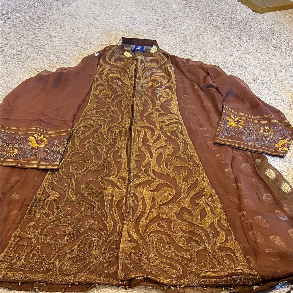 Salwar Kameez Brown and Gold Embroidered Salwar